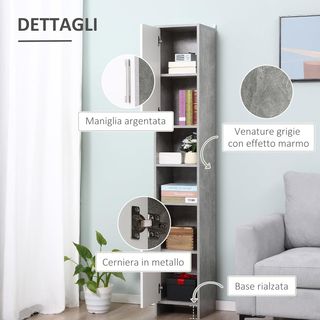 Columna de Baño Con 2 Armarios Y 2 Compartimentos Abiertos, Mueble Ahorrador de Espacio Alto en Madera Efecto Cemento, 30X30X180Cm, Gris