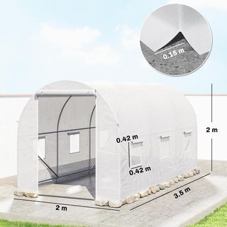 Invernadero para Huerto Con 6 Ventanas Y Puerta Enrollable, Invernadero De Jardín En Forma De Túnel, Invernadero Para Plantas Con Estructura De Metal Y Tela De Polietileno, 3.5X2X2M, Blanco