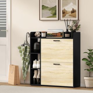 Zapatero Slim Ahorra Espacio Con 2 Puertas Abatibles, Zapatero de Entrada Con 3 Compartimentos Abiertos, Estantes Regulables, Superficie Superior, Porta Zapatos para 15 Pares en Madera Con Asa, 83...