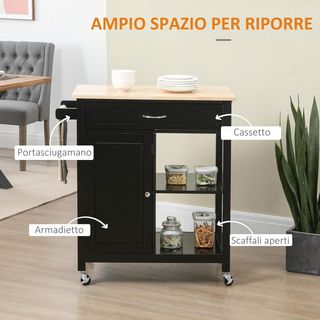 Carro De Cocina De Madera Con Cajón, Armario Y Estantes, Carrito Portacomidas Con Ruedas, 83X45X88Cm, Negro