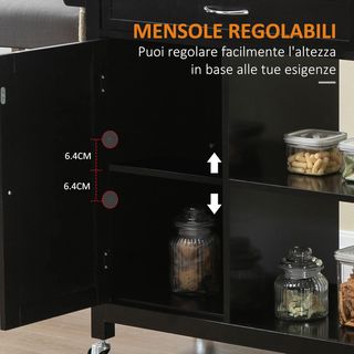 Carro De Cocina De Madera Con Cajón, Armario Y Estantes, Carrito Portacomidas Con Ruedas, 83X45X88Cm, Negro