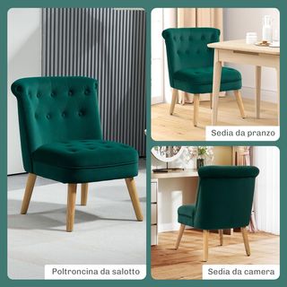 Poltrona per soggiorno e sala da pranzo con seduta imbottita, poltroncina con piedi in legno e tessuto effetto velluto, 60X66X79 cm, verde