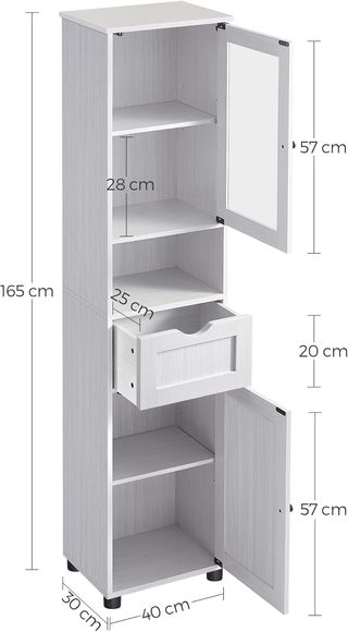 Mueble de Baño Ahorra Espacio, Mueble de Columna, Mueble Alto, Estante Abierto, Puerta de Vidrio, Mueble de Baño con Patas, Estantes Regulables en Altura, Blanco Acero BBK163T44