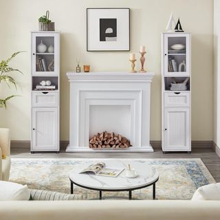 Mueble de Baño Ahorra Espacio, Mueble de Columna, Mueble Alto, Estante Abierto, Puerta de Vidrio, Mueble de Baño con Patas, Estantes Regulables en Altura, Blanco Acero BBK163T44