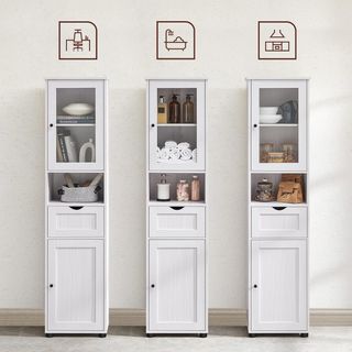 Mueble de Baño Ahorra Espacio, Mueble de Columna, Mueble Alto, Estante Abierto, Puerta de Vidrio, Mueble de Baño con Patas, Estantes Regulables en Altura, Blanco Acero BBK163T44
