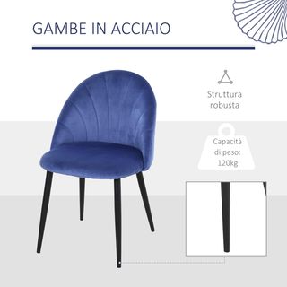 Set di 2 Sedie da Pranzo, Sedie Moderne con Schienale a Concha e Gambe in Metallo, Sedia in Velluto Imbottito per Cucina, Camera da Letto, Ufficio e Soggiorno, Blu
