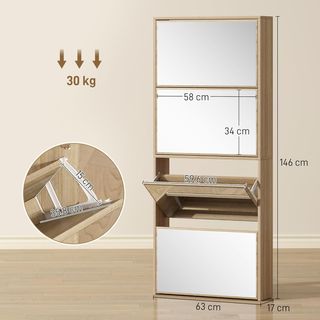 Zapatero Slim Ahorra Espacio Con 4 Puertas Abatibles con Espejo, Zapatero de Entrada Con Superficie Superior, Capacidad para 12 Pares en Madera Con Asa, 63X17X146 Cm, Color Madera