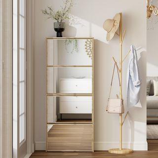 Zapatero Slim Ahorra Espacio Con 4 Puertas Abatibles con Espejo, Zapatero de Entrada Con Superficie Superior, Capacidad para 12 Pares en Madera Con Asa, 63X17X146 Cm, Color Madera