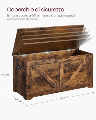 Banca, Banco de Almacenamiento, Puff Organizador Con 2 Bisagras de Seguridad, Zapatero, Estilo Rústico, 40 X 100 X 46 Cm, para Pasillo, Dormitorio, Sala de Estar, Marrón Vintage LSB060T01