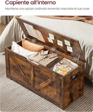 Banca, Banco de Almacenamiento, Puff Organizador Con 2 Bisagras de Seguridad, Zapatero, Estilo Rústico, 40 X 100 X 46 Cm, para Pasillo, Dormitorio, Sala de Estar, Marrón Vintage LSB060T01