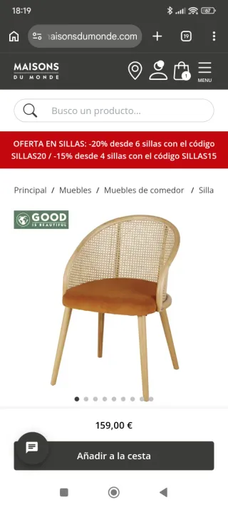 Silla de comedor de ratán y terciopelo