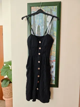 Vestido midi negro lino botones verano