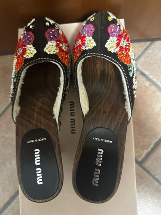 Miu Miu Early 2000s Embroidered Shearling Clogs