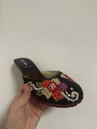 Miu Miu Early 2000s Embroidered Shearling Clogs