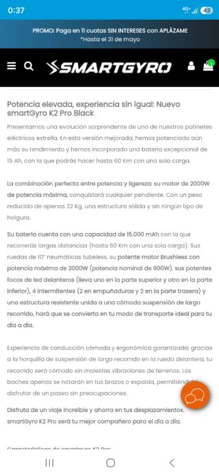 SmartGyro K2 Pro black - menos de 400km