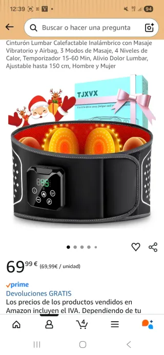 Cinturón lumbar calefactable masajes