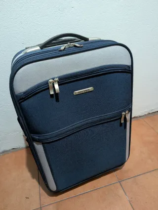 Maleta de viaje azul y plateada