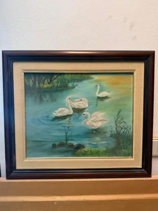 Cuadro de cisnes en lago MARCO DE MADERA PRECIOSO