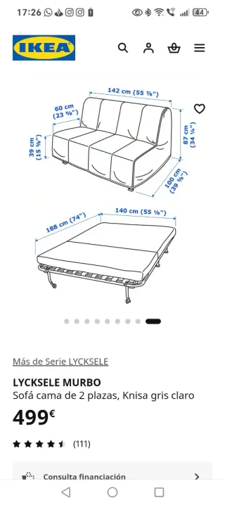 Sofá cama IKEA LYCKSELE MURBO gris