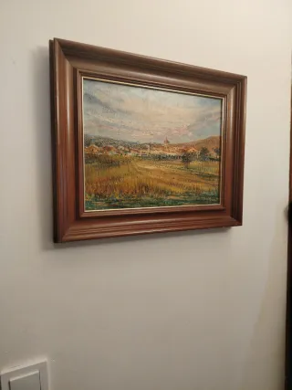 Cuadro paisaje rural con marco de madera
