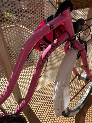 Bicicleta vintage rosa y blanca con cesta