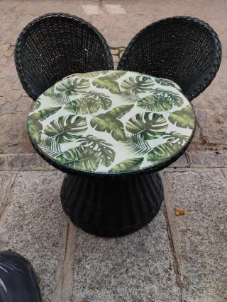 Conjunto mesa y 2 sillones de mimbre con cojines