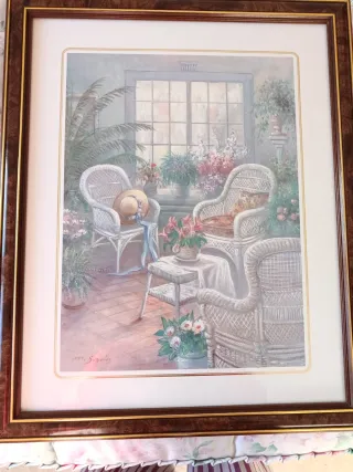 Cuadro sillas jardín mimbre y madera