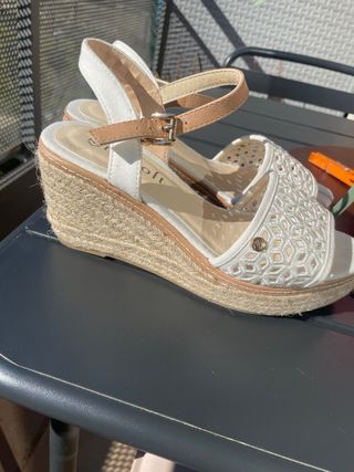 Sandalias de cuña de esparto Mysoft beige y blanco