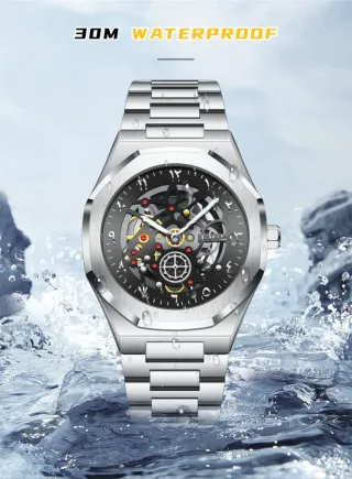 Reloj LIGE Hombre Esqueleto Plata Negro