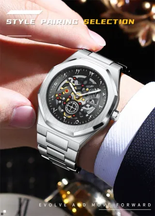 Reloj LIGE Hombre Esqueleto Plata Negro