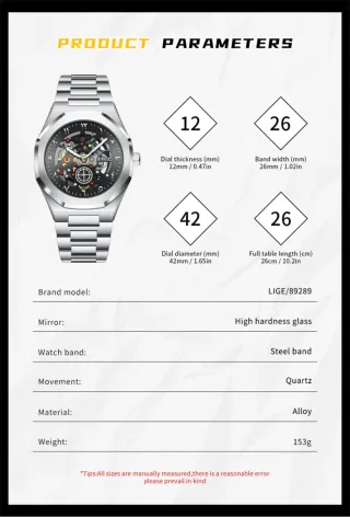 Reloj LIGE Hombre Esqueleto Plata Negro