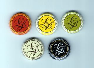 Lote di cinque lattine di birra LB, USA - Colori: arancione, giallo, verde, crema, nero