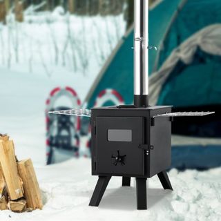 Estufa de Madera, 218.4 cm, Estufa de Camping de Acero Aleado, Estufa Portátil de Leña con Tubos de Chimenea y Guantes, 22941.9 cm³ de Caja de Fuego para Cocinar y Calentar al Aire Libre con 8 Tubos