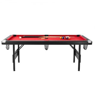Mesa de Billar, Mesa de Pool de 213 cm, Mesa Plegable Portátil que Ahorra Espacio, Juego de Mesa de Billar Incluye Bolas, Queues, Tizas y Cepillo, Negra con Tela Roja, Perfecta para Sala de Juegos...