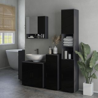 Mueble de Baño Bajo Lavabo con Armario de 2 Puertas, Mueble Bajo Lavabo de Pie en Madera con Estante Regulable, para Lavabos Con o Sin Columna, 60X30X60Cm, Negro