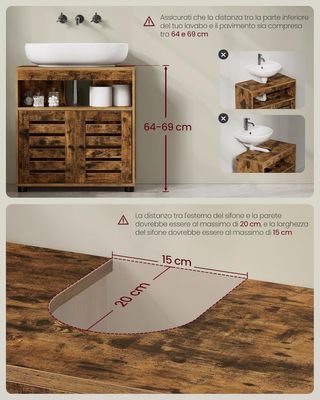 Mueble Sottolavabo, Mueble de Baño, Armario de Almacenamiento, 30 X 60 X 64 Cm, Adecuado para Lavabos Sin Columna, Con Doble Puerta de Persiana, Estante Regulable, Marrón Vintage BBK04BX