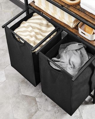 Cesto Portabiancheria, Porta Biancheria Con 2 Sacchi Estraibili E Rimovibili, 2 Ripiani Portaoggetti, 46L por Saco, para Baño, Lavandería, Marrón Vintage Y Negro BLH211B01