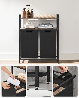 Cesto Portabiancheria, Porta Biancheria Con 2 Sacchi Estraibili E Rimovibili, 2 Ripiani Portaoggetti, 46L por Saco, para Baño, Lavandería, Marrón Vintage Y Negro BLH211B01