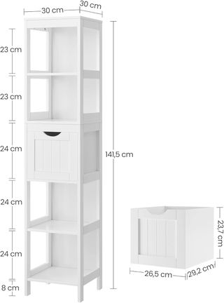 Mueble Alto De Baño, Armario De Baño, Mueble De Baño, Con 2 Cajones Y 3 Compartimentos Abiertos, 30 X 30 X 141,5 Cm, para Baño, Sala De Estar, Cocina, Blanco BBC66WT