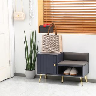 Banco Zapatero De Entrada Ahorra Espacio Con Asiento Acolchado, Estante Abierto Y Armario Para 4 Pares De Zapatos, Pasillo, Dormitorio, Sala De Estar De Madera, 80X33X49Cm, Gris
