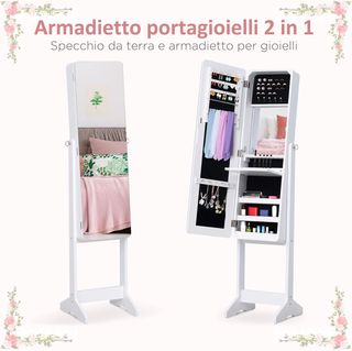 Armario Joyero con Espejo Regulable e Iluminación LED, Madera, Blanco, 30X146X36 Cm