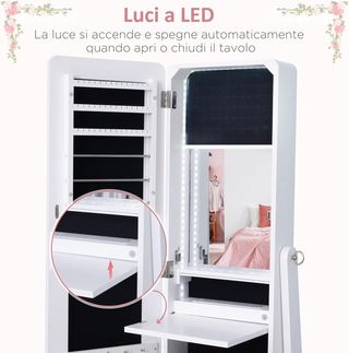 Armario Joyero con Espejo Regulable e Iluminación LED, Madera, Blanco, 30X146X36 Cm