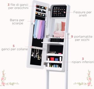 Armario Joyero con Espejo Regulable e Iluminación LED, Madera, Blanco, 30X146X36 Cm
