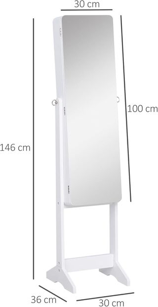 Armario Joyero con Espejo Regulable e Iluminación LED, Madera, Blanco, 30X146X36 Cm