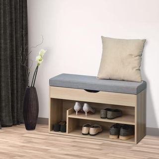 Zapatero 2 en 1, Banco de Madera con Asiento Acolchado y Compartimento Oculto, para Entrada, 80 X 30 X 48Cm