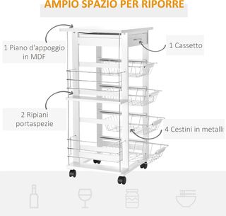 Carrito De Cocina Ahorrador De Espacio En Madera Blanca, Portacomidas Con 1 Superficie De Trabajo 1 Cajón Y 4 Cestos Metálicos, 47X37X83Cm