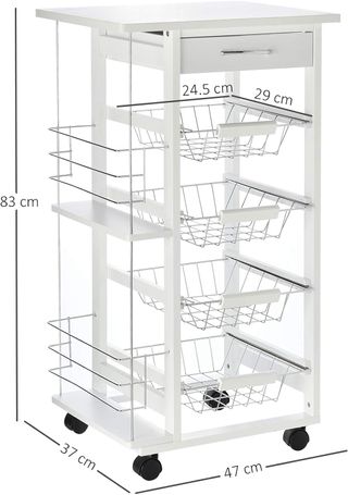 Carrito De Cocina Ahorrador De Espacio En Madera Blanca, Portacomidas Con 1 Superficie De Trabajo 1 Cajón Y 4 Cestos Metálicos, 47X37X83Cm