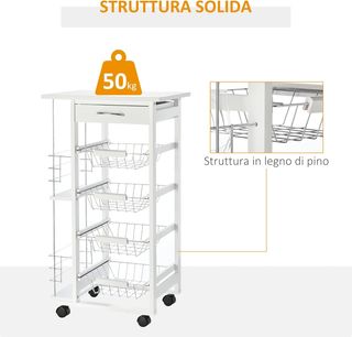 Carrito De Cocina Ahorrador De Espacio En Madera Blanca, Portacomidas Con 1 Superficie De Trabajo 1 Cajón Y 4 Cestos Metálicos, 47X37X83Cm