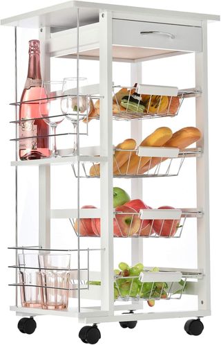 Carrito De Cocina Ahorrador De Espacio En Madera Blanca, Portacomidas Con 1 Superficie De Trabajo 1 Cajón Y 4 Cestos Metálicos, 47X37X83Cm