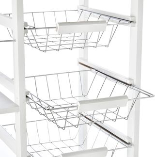 Carrito De Cocina Ahorrador De Espacio En Madera Blanca, Portacomidas Con 1 Superficie De Trabajo 1 Cajón Y 4 Cestos Metálicos, 47X37X83Cm